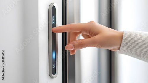 Close-up of a hand touching a smart digital lock on a door, an electronic security and access control concept with a female finger pushing a button or a piezoelectric sensor