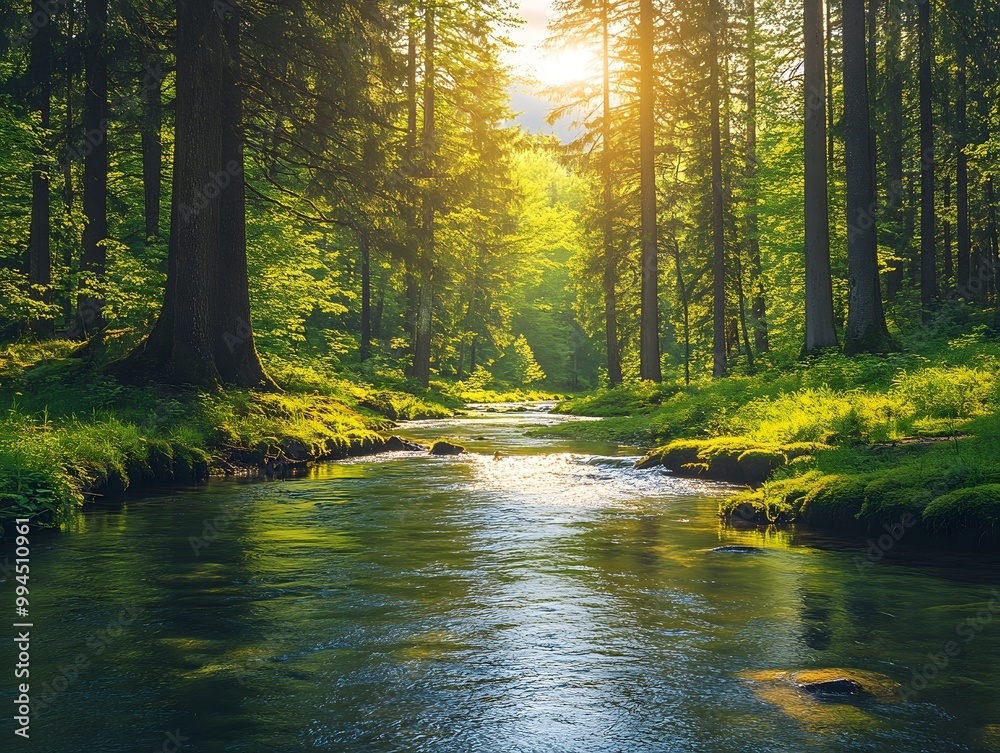 A bright and peaceful view of a lush forest with a crystal clear stream that reveals the rocks beneath. Sunlight filters through tall trees. No people. A natural scene suitable for ecotourism. A bright and peaceful view of a lush forest with a crystal clear stream that reveals the rocks beneath. Sunlight filters through tall trees. No people. A natural scene suitable for ecotourism.
