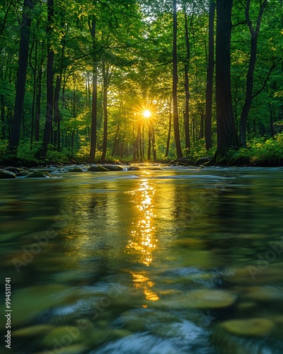 A bright and peaceful view of a lush forest with a crystal clear stream that reveals the rocks beneath. Sunlight filters through tall trees. No people. A natural scene suitable for ecotourism.