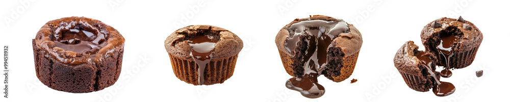 Molten Chocolate lava cake, Chocolate muffin with a liquid center on transparent background, PNG. Clipart template 
