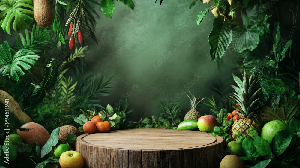 A wooden podium surrounded by fresh green leaves, fruits, and vegetables, with eco-friendly decorations for a plant-based World Vegan Day celebration. A wooden podium surrounded by fresh green leaves, fruits, and vegetables, with eco-friendly decorations for a plant-based World Vegan Day celebration.