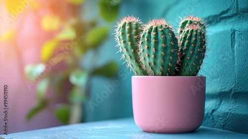 Small cactus in pink pot with green leaves in background, sunlight creating a warm glow, modern minimalist indoor plant decor, stylish and vibrant home accessory for contemporary interiors. photo