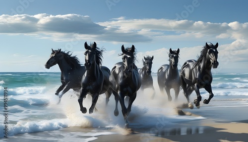 Majestic black horses galloping along the shore, blending the power of nature with the beauty of the oceans waves and soft sands photo