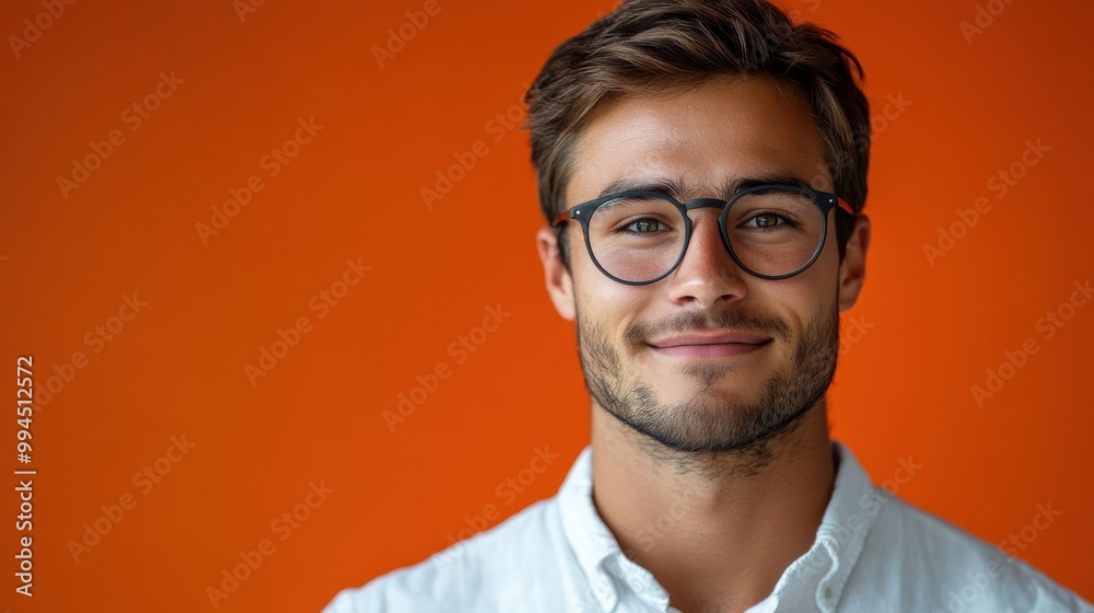 Portrait of smiling man with glasses, standing against vibrant orange background, casual fashion, confident expression, modern look, hipster style, young professional, trendy eyewear, bright Portrait of smiling man with glasses, standing against vibrant orange background, casual fashion, confident expression, modern look, hipster style, young professional, trendy eyewear, bright