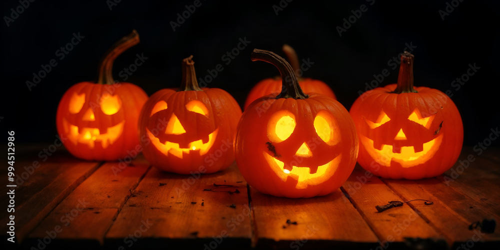 Carved pumpkins in the shape of a flashlight with a glowing smiley face dot the field in the dark Carved pumpkins in the shape of a flashlight with a glowing smiley face dot the field in the dark