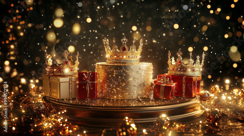 A podium surrounded by three golden crowns, jewel-encrusted presents, and sparkling lights, creating a festive and royal Three Kings Day display. photo