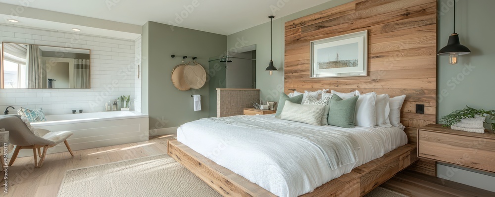 Airy Scandinavian master bedroom with a soft color palette, a custom ...