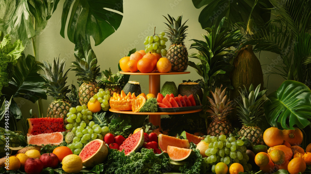 A podium adorned with vibrant fruits, leafy greens, and eco-conscious elements, celebrating a plant-based lifestyle for World Vegan Day. A podium adorned with vibrant fruits, leafy greens, and eco-conscious elements, celebrating a plant-based lifestyle for World Vegan Day.