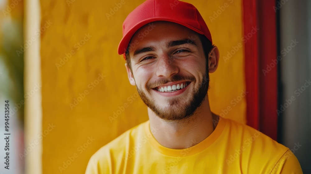 Smiling young man in red cap, casual outfit, joyful expression, close-up portrait, warm lighting, friendly and approachable, cheerful mood, perfect for lifestyle or happiness concept. Smiling young man in red cap, casual outfit, joyful expression, close-up portrait, warm lighting, friendly and approachable, cheerful mood, perfect for lifestyle or happiness concept.