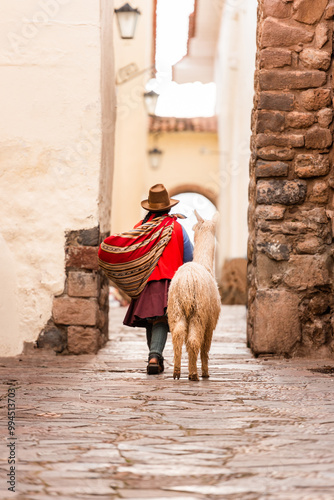 Andean woman in traditional dress walking with an alpaca in the streets of Cusco Peru