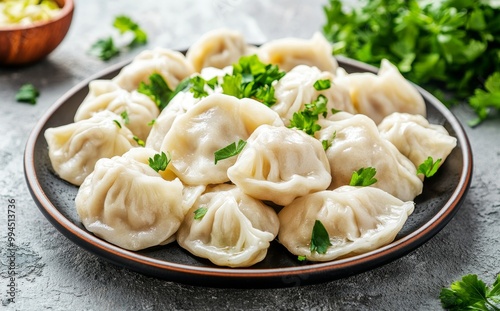 With its great aroma and flavor, a steaming plate of savory dumplings, glistening with a savory sauce, are decorated with fresh cilantro leaves and sliced green onions.