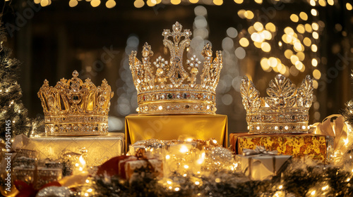 A podium surrounded by three golden crowns, jewel-encrusted presents, and sparkling lights, creating a festive and royal Three Kings Day display. photo