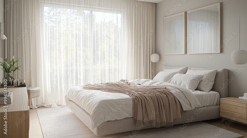Fototapeta premium Airy Scandinavian master bedroom with sheer drapery, a minimalist king-sized bed, and soft, neutral decor