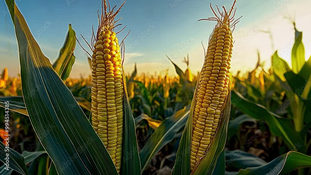 Close-up of ripe corn growing in a vast field during sunset, highlighting agriculture, organic farming, and sustainable crop production.

