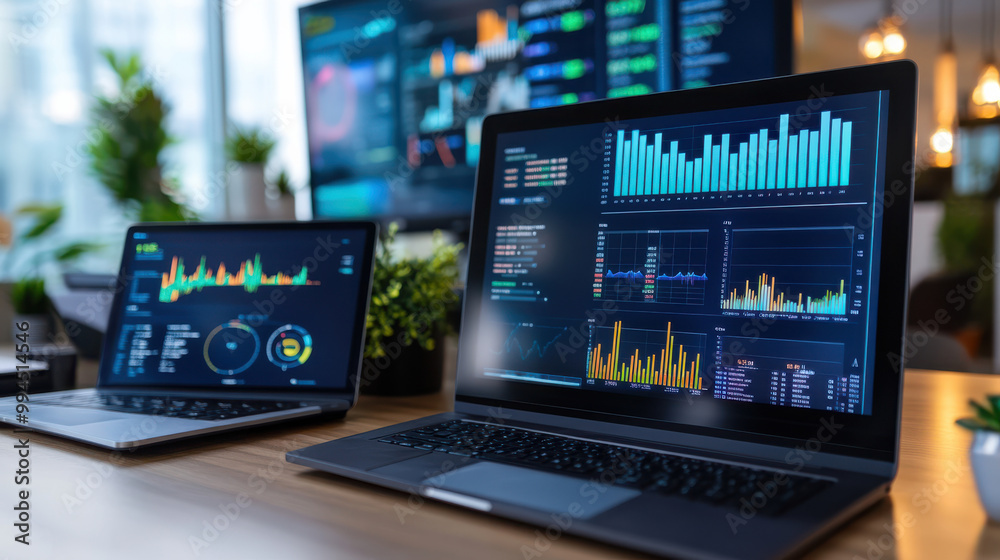 Laptops and monitors showing stock market graphs, financial data, and trading analysis in a modern office setting, representing investment, finance, and economic growth