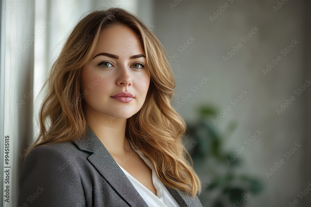 portrait of a brunette  businesswoman looking successful, powerful, standing in the office, room, suit, plus size model