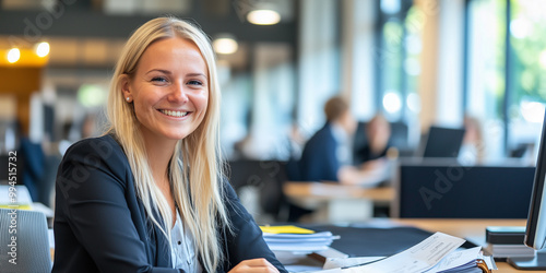 Sachbearbeiterin sitzt am Schreibtisch im modernen Büro photo