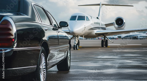 View of black luxury limousine car with private white jet in the background at the airport, private luxury escort