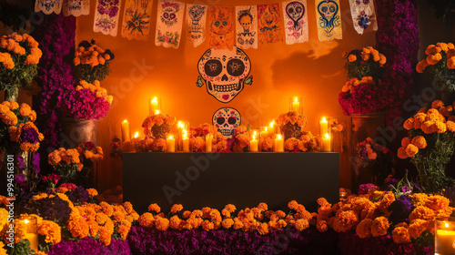 A sleek podium surrounded by vibrant marigolds, sugar skulls, and glowing candles, with papel picado banners hanging above for a lively Day of the Dead display.