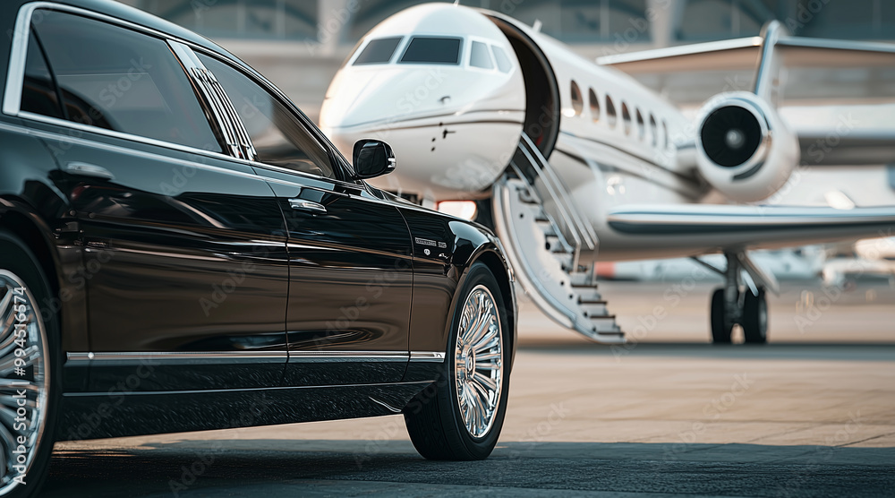 View of black luxury limousine car with private white jet in the background at the airport, private luxury escort View of black luxury limousine car with private white jet in the background at the airport, private luxury escort