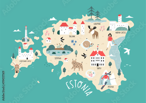Detailed Hand-Drawn Map of Estonia with Landmarks and Cultural Symbols. Perfect for Travel, Decor, Framing