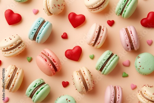 A colorful macaron with heart sprinkles and a powdered sugar base for celebrating