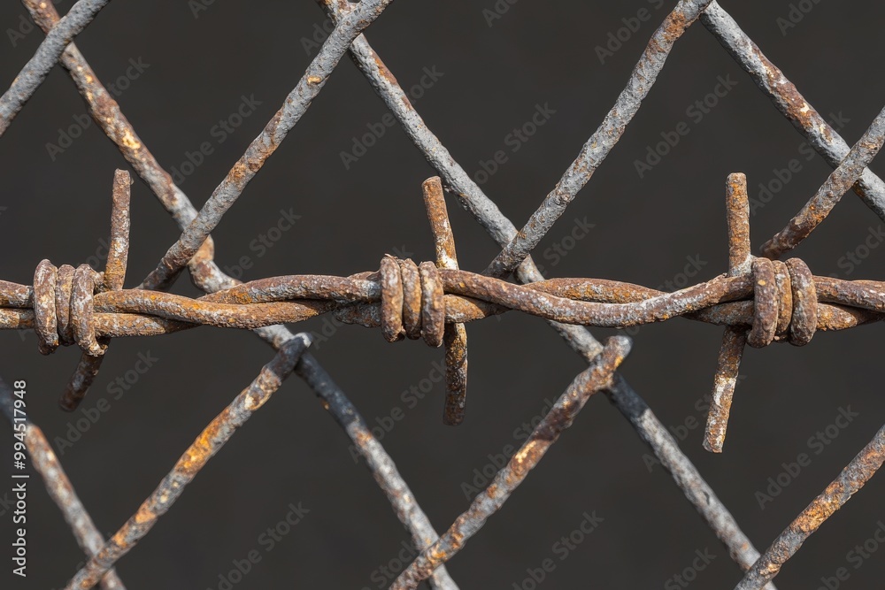 Close-up of rusty barbed wire with decaying textures, a security concept for print and digital products Close-up of rusty barbed wire with decaying textures, a security concept for print and digital products