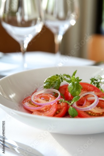 Fresh herbs, cherry tomatoes, red onion, and a bright wooden background add just the right amount of color to this simple salad.