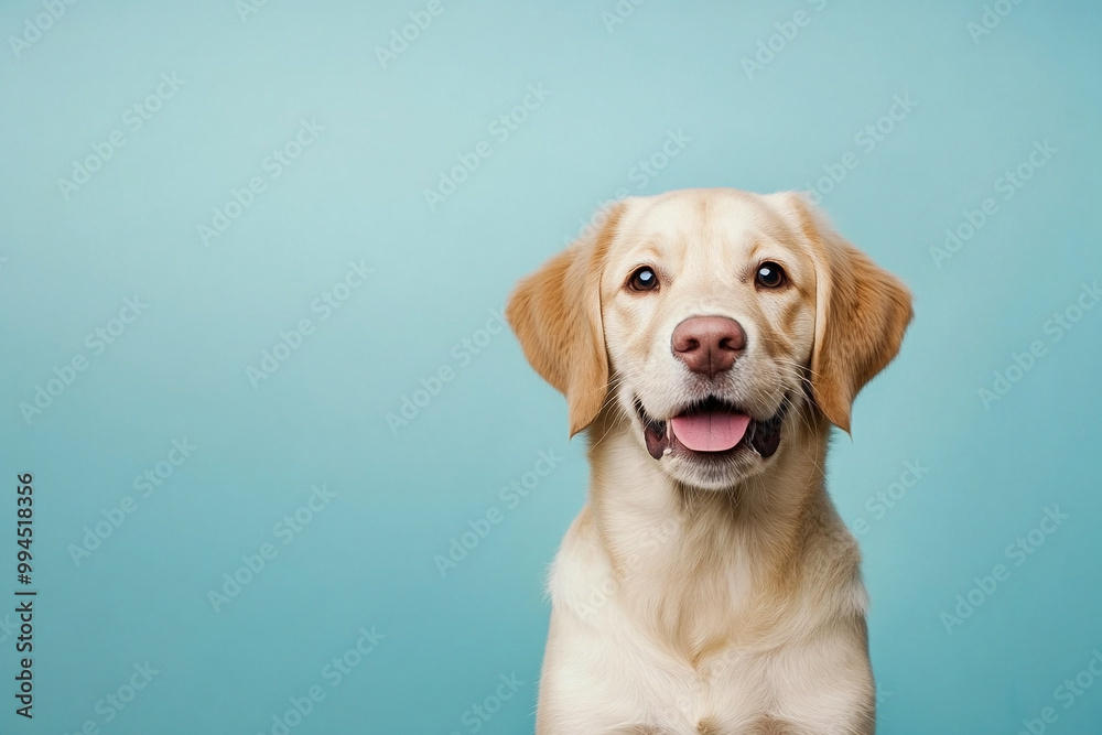 portrait of a dog isolated against blue background