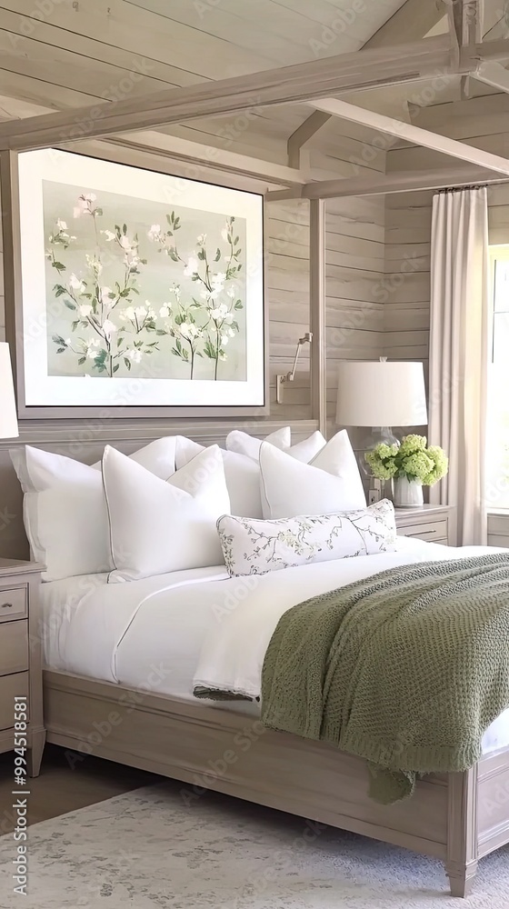 Fototapeta premium A serene bedroom showcases a floral-patterned blanket and cream quilt cover on a neatly made bed, complemented by white pillows and a rustic vintage rug beneath