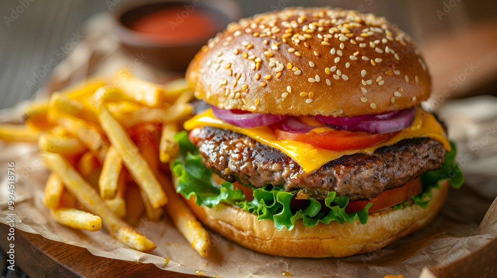 A classic cheeseburger with a side of crispy fries, photographed using HDR imaging to enhance the dynamic range A classic cheeseburger with a side of crispy fries, photographed using HDR imaging to enhance the dynamic range
