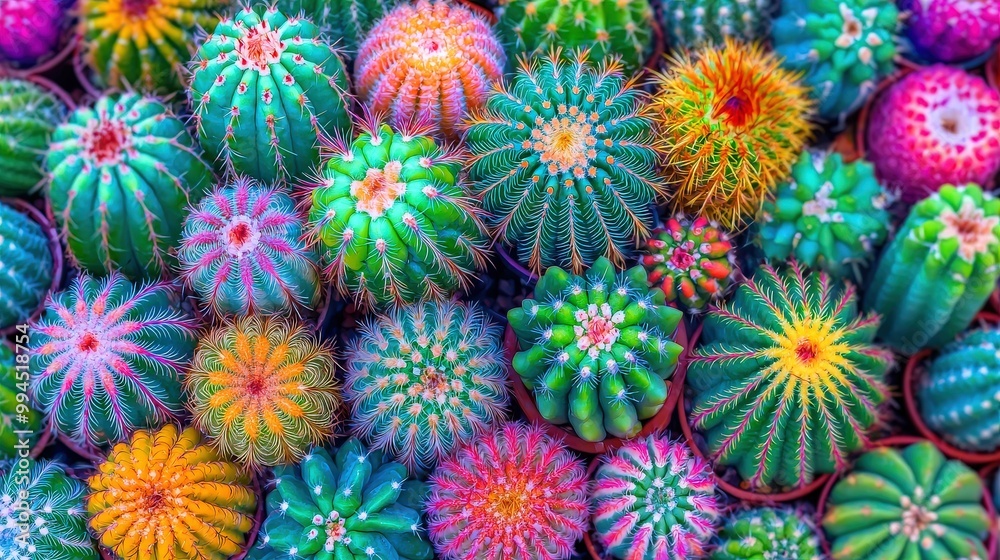 Vibrant Collection of Colorful Cacti in Pots Vibrant Collection of Colorful Cacti in Pots