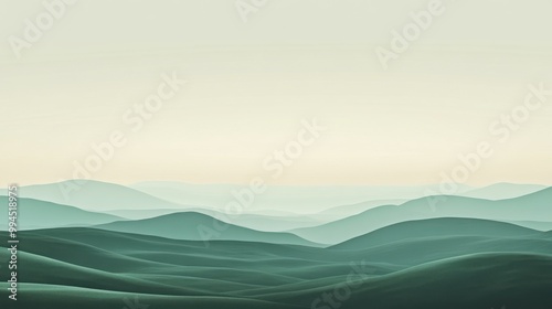 A Minimalist Landscape with Rolling Green Hills Against a White Sky