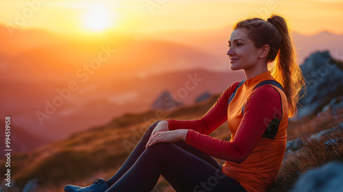 Woman sitting atop mountain at sunset, hiker relaxing on peak after sunrise adventure, female tourist enjoying scenic landscape view, outdoor travel lifestyle concept