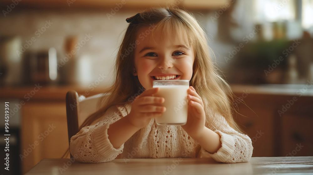 Young girl drinking glass of milk at breakfast, cute child enjoying healthy dairy beverage, happy kid's nutrition moment, cheerful little one's calcium intake, morning meal portrait Young girl drinking glass of milk at breakfast, cute child enjoying healthy dairy beverage, happy kid's nutrition moment, cheerful little one's calcium intake, morning meal portrait