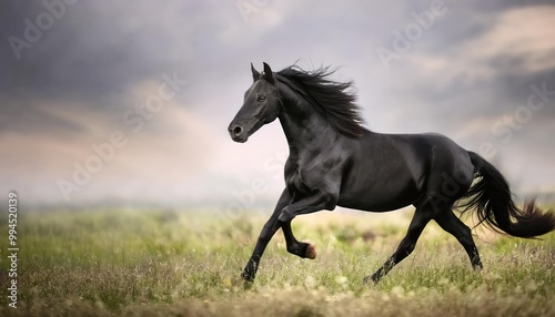 horse runs. Black horse play on the meadow 