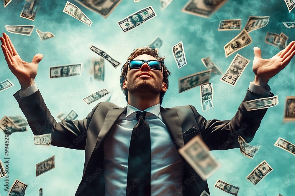 Successful businessman celebrates financial success with arms raised under raining money. Concept of wealth, achievement, and prosperity Successful businessman celebrates financial success with arms raised under raining money. Concept of wealth, achievement, and prosperity