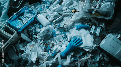 Pile of discarded medical waste and used gloves in hospital photo