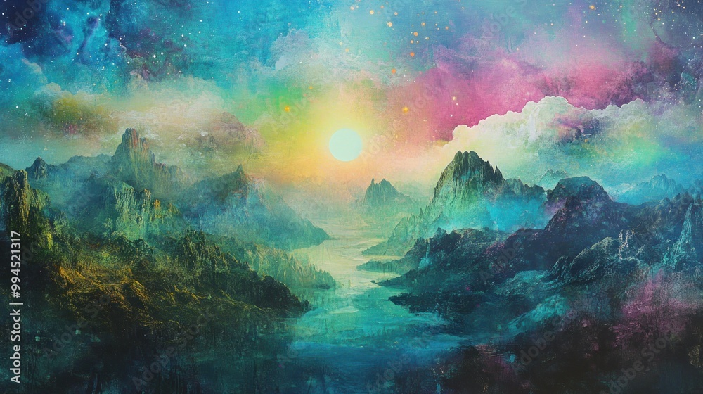 A Fantasy Landscape with a River Winding Through Mountainous Terrain Under a Starry Sky A Fantasy Landscape with a River Winding Through Mountainous Terrain Under a Starry Sky