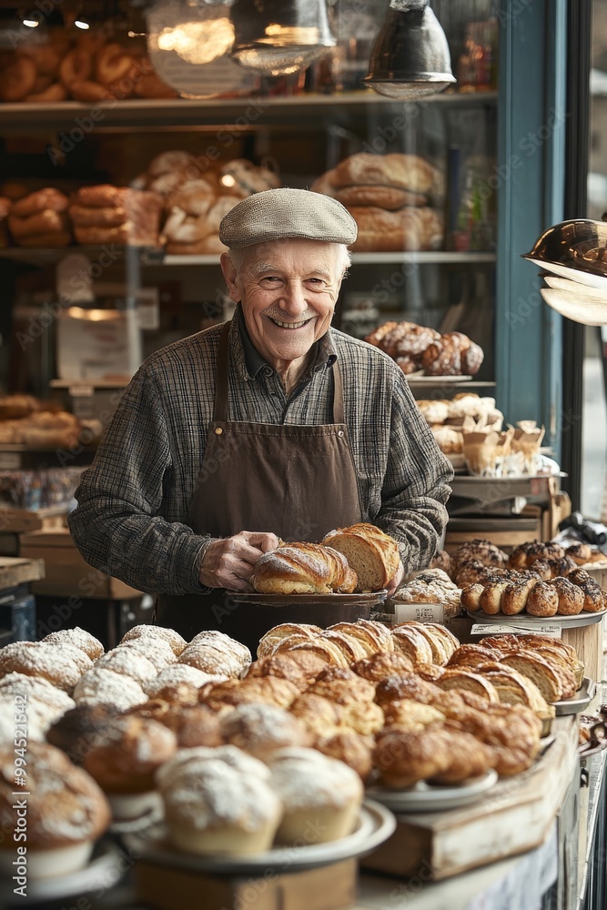 A smiling baker sells bagels and croissants as well as other fresh baked goods. A smiling baker sells bagels and croissants as well as other fresh baked goods.
