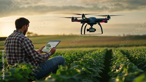 Farmer controlling drone flying over crop field