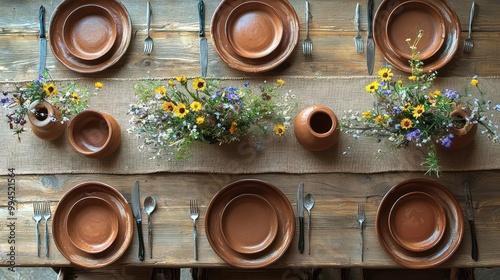 An overhead shot of a rustic dining table set for a festive meal, with burlap runners, earthenware dishes, and simple wildflower bouquets photo