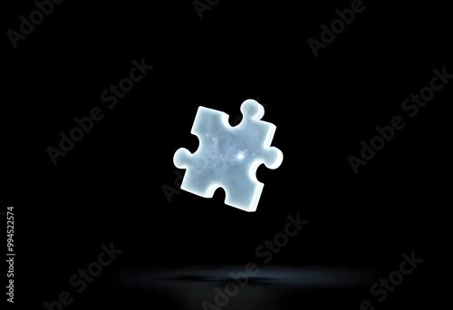 a floating glowing jigsaw piece with a translucent quality, casting a faint halo of light on a stark black canvas create with ai