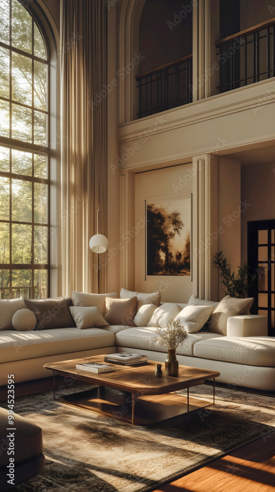 Fototapeta premium Elegant living room with modern sofa, luxury home interior design, contemporary house apartment, stylish furniture in bright space, minimalist decor concept
