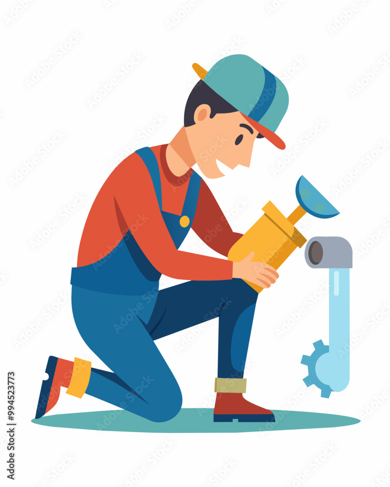 A plumber fixing a broken pipe their job recessionproof as people still need functioning plumbing regardless of economic downturns.. Vector illustration A plumber fixing a broken pipe their job recessionproof as people still need functioning plumbing regardless of economic downturns.. Vector illustration