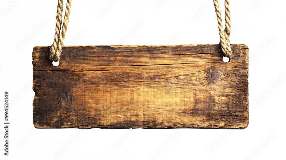 A rustic wooden sign hangs by ropes against a white background, showcasing a weathered, vintage look. A rustic wooden sign hangs by ropes against a white background, showcasing a weathered, vintage look.