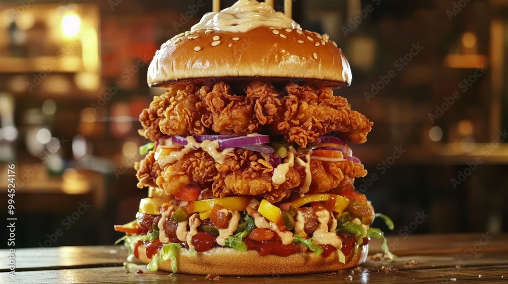 Stacks of fried chicken sandwiches topped with colorful toppings, ready for food festivals Stacks of fried chicken sandwiches topped with colorful toppings, ready for food festivals
