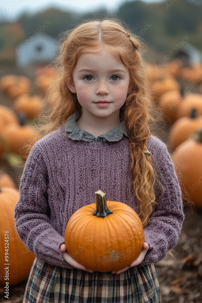 A young girl holding a pumpkin at the patch, wearing a sweater and skirt outfit, in a fall scene with pumpkins in the background. A young girl holding a pumpkin at the patch, wearing a sweater and skirt outfit, in a fall scene with pumpkins in the background.