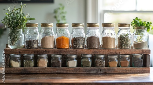 A detailed view of a handcrafted wooden spice rack filled with glass jars of herbs and spices in a rustic farmhouse kitchen