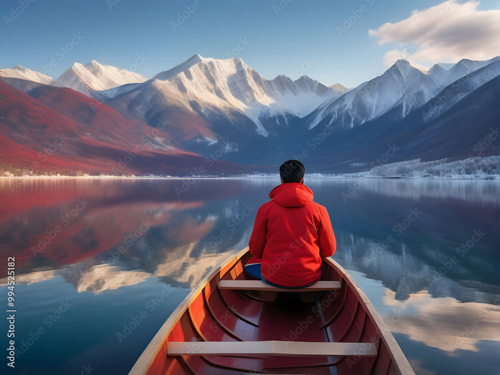 Vista de espaldas de un hombre con chaqueta roja en un bote de remos navegando un lago con hermoso paisaje de montañas Vista de espaldas de un hombre con chaqueta roja en un bote de remos navegando un lago con hermoso paisaje de montañas